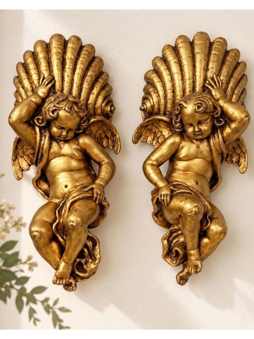 Vintage Gold Cherub Wall Pockets Pair Putti Angel Baroque Hollywood Regency 18"